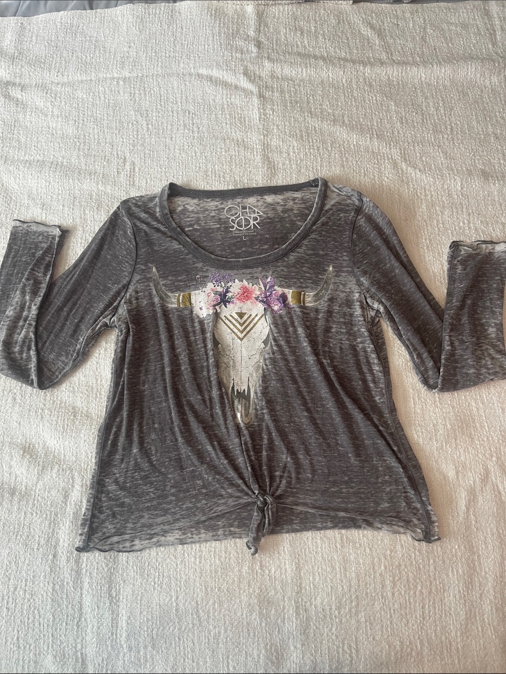 Chaser Gray Long Sleeve Knot Front Tee with Floral Bull Skull